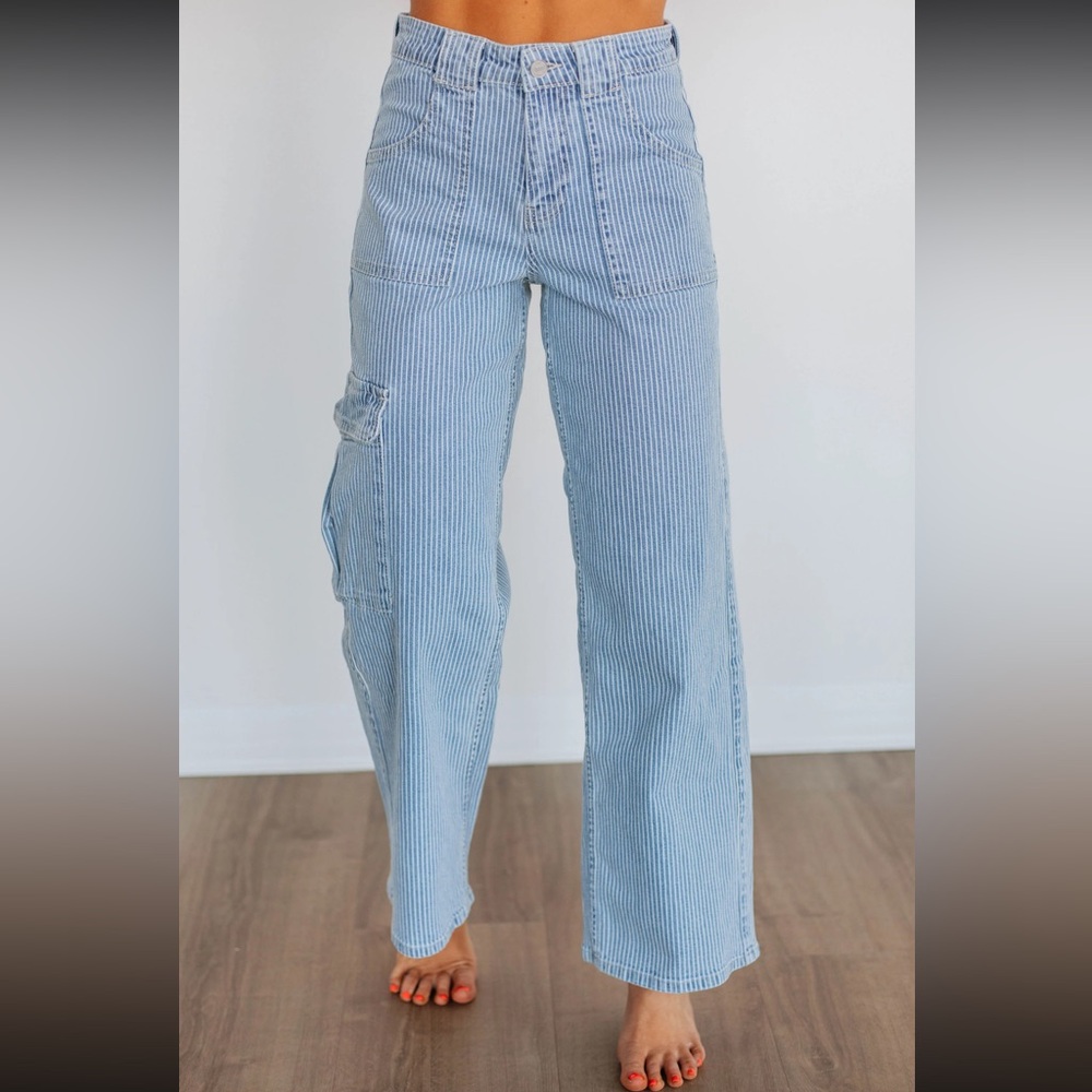 Kan Can Light Blue Striped Women's Straight Leg Jeans